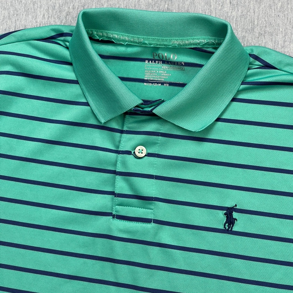 Polo Ralph Lauren Golf Polo Shirt Kids M 10-12 Performance Green Blue Striped